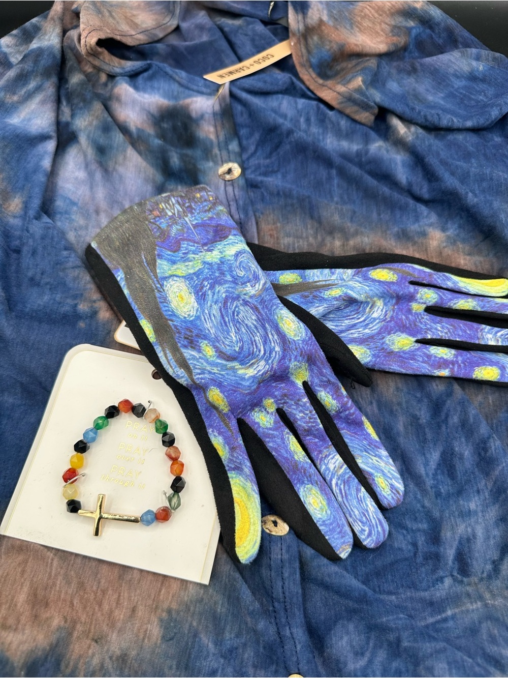 NWT Coco Carmen Tie Dye Poncho, Van Gogh Gloves & Cross Bracelet Lot
